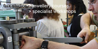 Flux Studios. Learn to make and design silver jewellery. Students at work in the studio. Read course reviews and teLearn how to work safely in the jewellery workshopstimonials here.